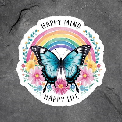 Butterfly sticker vinyl decal happy mind happy life rainbow flowers nature quote - Image 1 of 3