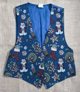 Vintage Blue Ugly Christmas Tapestry Vest M L Kitsch Tacky Whimsical Holiday - Picture 1 of 8