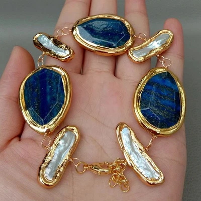 Juego de bisel de lapislázuli azul natural de 8"" brazalete enchapado en oro con perlas Biwa blancas Foto 1 de 4