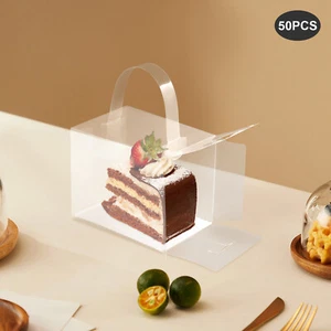 50 Pcs Clear Cake Boxes Plastic Cake Carrier with Lid and Handle 12*10*8cm New - Picture 1 of 19