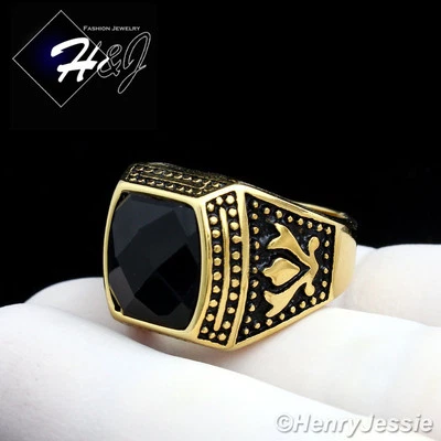 MEN's Stainless Steel Gold/Black Plated Onyx Vintage Ring Size 8-13*GR89 - Image 1 of 3