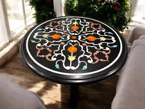 24" Round Black Marble Coffee Table Semi Precious Stone Floral Arts Home Decors - Picture 1 of 8