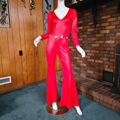 Vtg 70s Hip Hugger Funky Disco Wet Look Catsuit Soul Train Bellbottom Jumpsuit M - Image 1 of 4