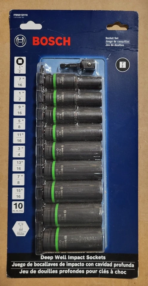 Bosch ITDSO12V10 10 pc. Impact Tough Deep Well 1/2" Socket Set with 1/4" Hex - Image 1 of 1