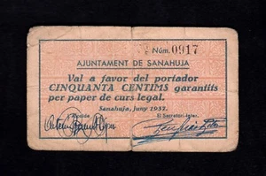 F.C. SANAHUJA (LÉRIDA) , 50 CENTIMS 1937 , B/C . - Imagen 1 de 2