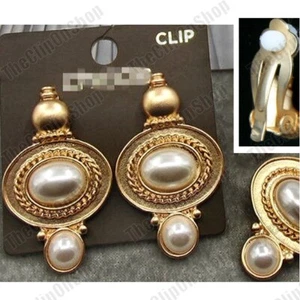 CLIP ON 1,5" große RETRO Perlen OHRRINGE Vintage Stil BALI MATT GOLD MODE Clips - Bild 1 von 7