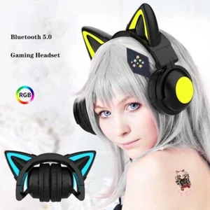 RGB Cat Ear Wireless Headsets with Mic 7.1 Stereo Music Bluetooth 5.0 Headset - Picture 1 of 16