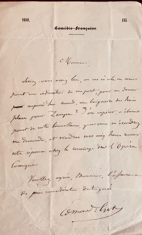 EDMOND GOT 1822 -1901 : THE FAMOUS  FRENCH ACTOR AND OPERA SINGER SIGNED LETTER Cover