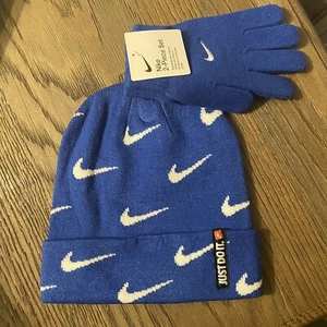 New Nike "Just Do It" Boys Beanie & Gloves 2-Piece Set NWT Royal Blue White Logo - Picture 1 of 5