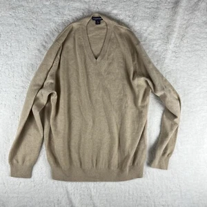 Lands End Mens Large Beige Camel VNECK Cashmere Sweater Jumper Pullover Preppy - Picture 1 of 20