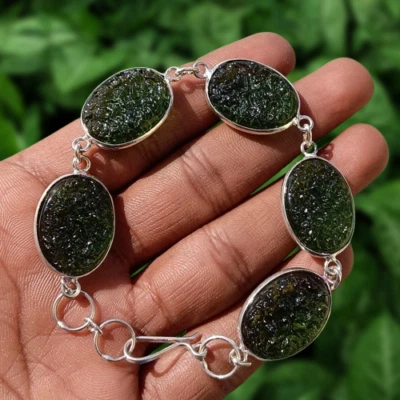 Beautiful Moldavite Gemstone Bracelet 925 Silver Plated Valentine's Gift Jewelry - Image 1 of 3