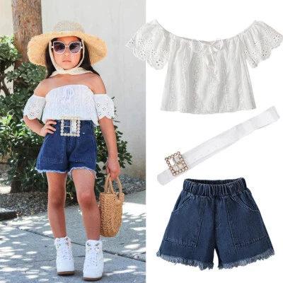 Брюки для девочек ясельного возраста комплект с открытыми плечами укороченные топы короткие джинсовые брюки с ремнем - Изображение 1 из 4