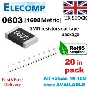 0603 SMD Resistors 1% any values 0 Ohm - 10M Ohm 20pcs in 1pack Free UK postage - Picture 1 of 6