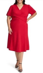 Tommy Hilfiger Women's Scuba Crepe Structured Short Puff Sleeve Dress Rred 18W - Picture 1 of 12