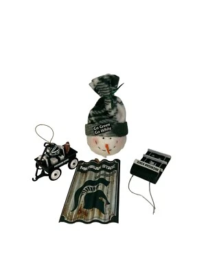 4 Michigan State University Themed Holiday Ornament Set - Snowman Tractor Tin - Image 1 of 4