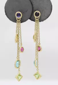 14k Yellow Gold Multicolor Gemstone Dangle Earrings 2" ~ 2.9 grams - Picture 1 of 8