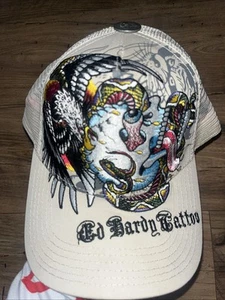 Ed Hardy Eagle Skull Snake Tattoo Artist Print Trucker Snapback Cap Hat Beige - Picture 1 of 6