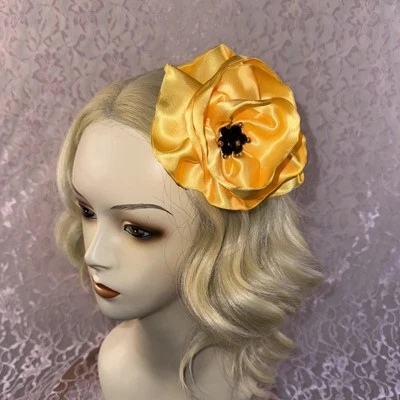 Ooak Taissa Lada Yellow Satin Flower Hair Clip With Vintage Black Glass Beads - Image 1 of 4