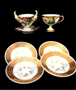6 Pc. Porcelain Sugar Bowl, Cup and 4 Small Plates Marked Handel Bavaria - Picture 1 of 10