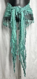 Linen Blend Scarf/Belt/Belly Dance Tropical Crocheted Fringe Sea Green 72" x 8" - Picture 1 of 9