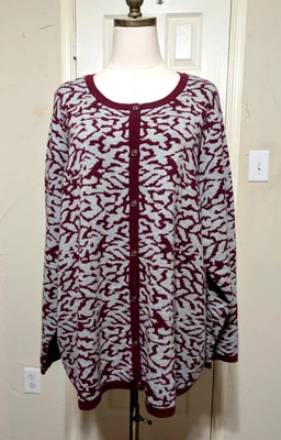 Denim & Co Wine Red Grey Jacquard Button Up Cardigan Sweater 3X Long Sleeve - Image 1 of 4