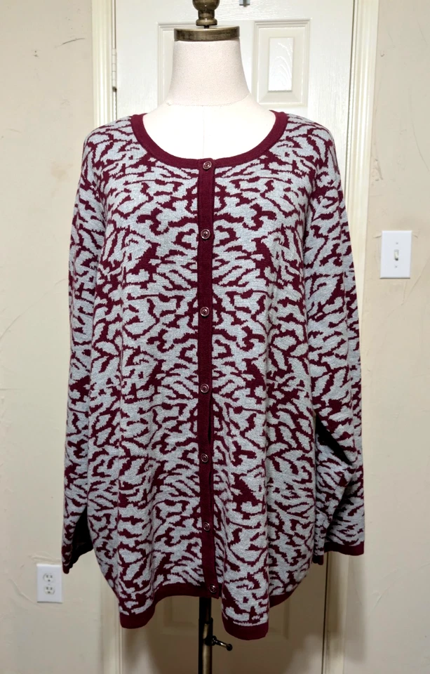 Denim & Co Wine Red Grey Jacquard Button Up Cardigan Sweater 3X Long Sleeve - Image 1 of 4
