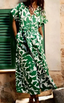 ZARA Floral Printed Midi Dress  Belted Maxi Sundress, White And Green  XS - Image 1 of 4
