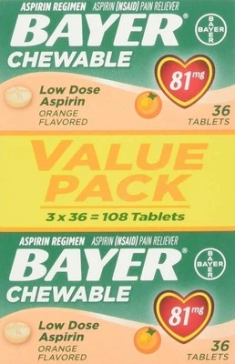 Bayer Chewable Aspirin Regimen 81mg Low Dose Pain Reliever Orange Flavor 108ct - Image 1 of 4