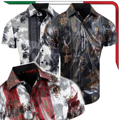 Short Sleeve Men Shirt Italian Striped Gold Leaf Floral Flip-Cuff Stretch Slim - Image 1 of 3
