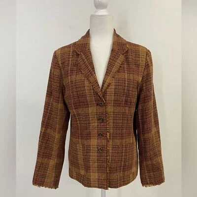 Blazer de Colección Coldwater Creek Mezcla de Lana a Cuadros Flecos Naranja Marrón Forrado Talla 14 Foto 1 de 4
