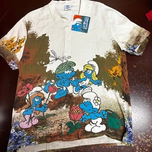 Camisa Pitufos Para Hombres Blanca Gráfica Manga Corta Cuello Extendido Botón Frontal Talla L XL - Imagen 1 de 5