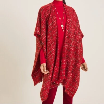 Plush Tweed Shine Ruana WrapChico’s OneSize Red with a touch of shine - Image 1 of 4