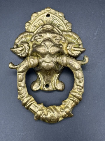 Vintage large Architectural Salvage Brass Lion Head Ram Horn Door Knocker Cover