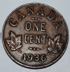 Canada 1936 1 Cent Copper Coin One Canadian NO DOT Penny George V - Picture 1 of 1