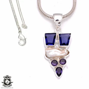Iolite Pearl Amethyst Pendant 4mm Snake Chain P8038 - Picture 1 of 10
