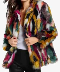 Women Multicolor Bright Faux Fur Coat Warm Gradient Color Outwear Jacket Large - Picture 1 of 5