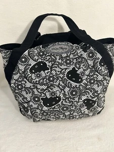 RARE HELLO KITTY BLACK CANVAS BAG PURSE Lace Multi Cat Design - Picture 1 of 13