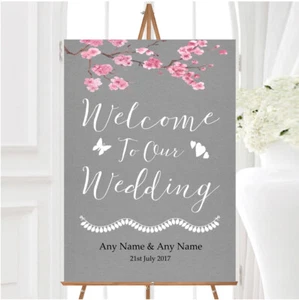 Rustic Vintage Dark Grey Pink Blossom Personalised Any Text Welcome Wedding Sign - Picture 1 of 1