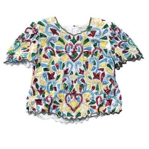 1990s VTG Elegant Wear White Rainbow Multicolor Sequined Beaded Top Medium - Picture 1 of 4