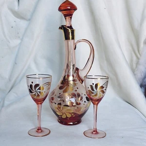 Vintage MCM Czech Bohemian Crystal Decanter Set 2 Cordials Glasses Amber Gold - Picture 1 of 12