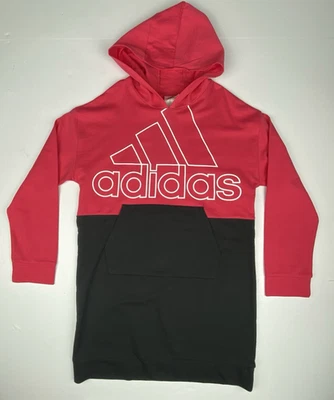 NWT! Adidas Girls Sweatshirt Dress Medium 10/12 Cotton Hood Pink Black Spellout - Image 1 of 4
