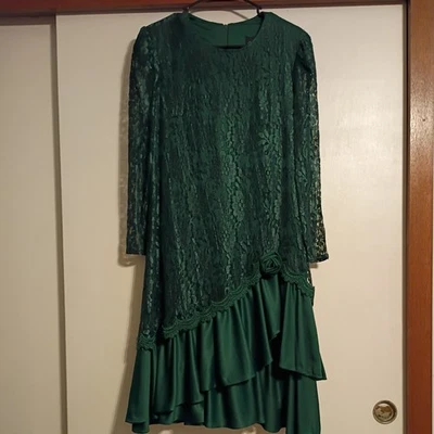 Vestido vintage de encaje verde azulado David Rose de los años 80 con acento rosa cintura caída talla 14 Foto 1 de 4