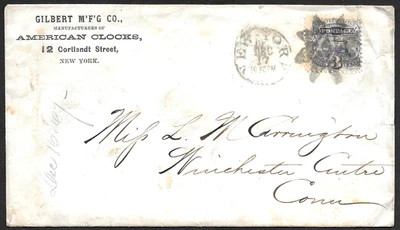 New York NY Clock Co. Corner Cover, 3c Locomotive Train Stamp, Fancy Cancel 1869 - Image 1 of 2