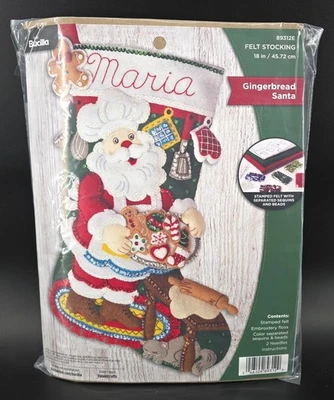 Kit de apliques de medias de fieltro Bucilla de 18" de largo pan de jengibre Santa #89312E con cuentas Foto 1 de 4