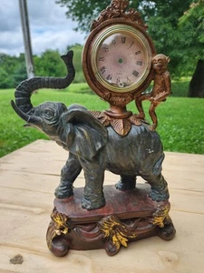 Vintage Colonial Clock Co. Elephant With Monkey Quartz Clock Table Top Parts - Picture 1 of 4