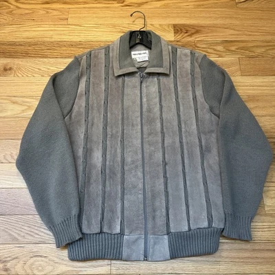 Vintage McGregor Sweater Jacket Leather Suede Men’s Size Large Gray Ribbed Knit - Image 1 of 4