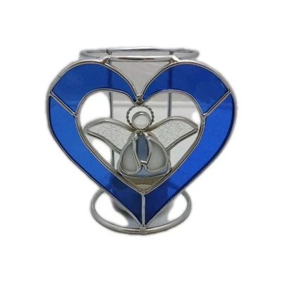 Vintage Stained Glass Tealight Holder Blue Candle Holder Angel Christmas Design - Image 1 of 4