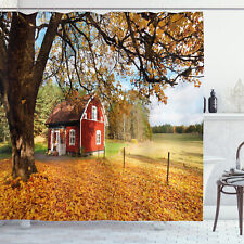 Fall Shower Curtain Red Swedish Country House Print for Bathroom
