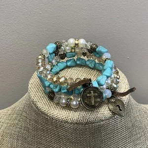 Boho style howlite faux turquoise memory wire wrap bracelet with cross charm - Picture 1 of 5