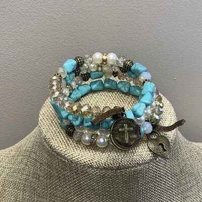 Boho style howlite faux turquoise memory wire wrap bracelet with cross charm  - Image 1 of 4